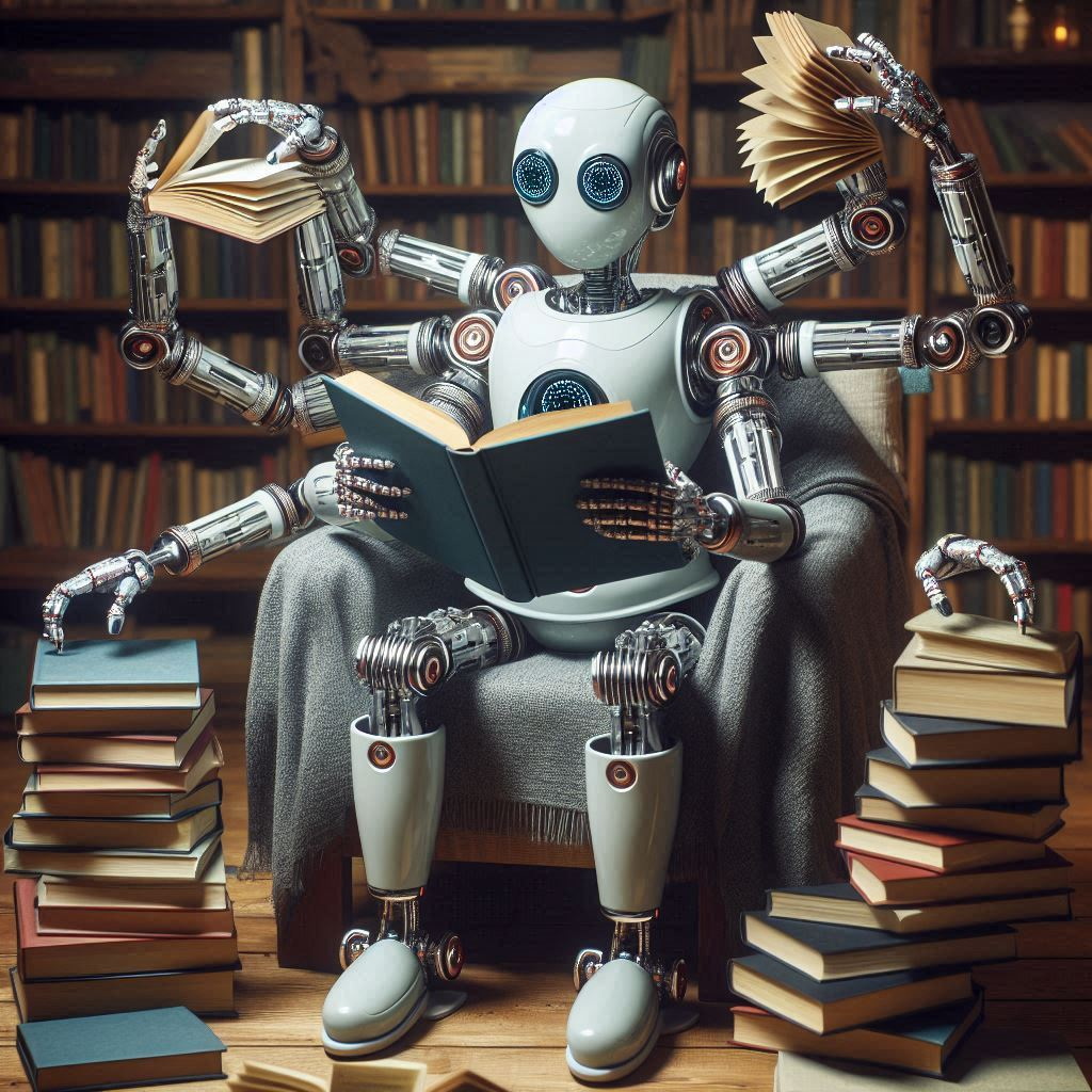 Robot reading many books (AI-generated image)