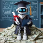 Robot with diploma sitting on a pile of money (AI-generated image)